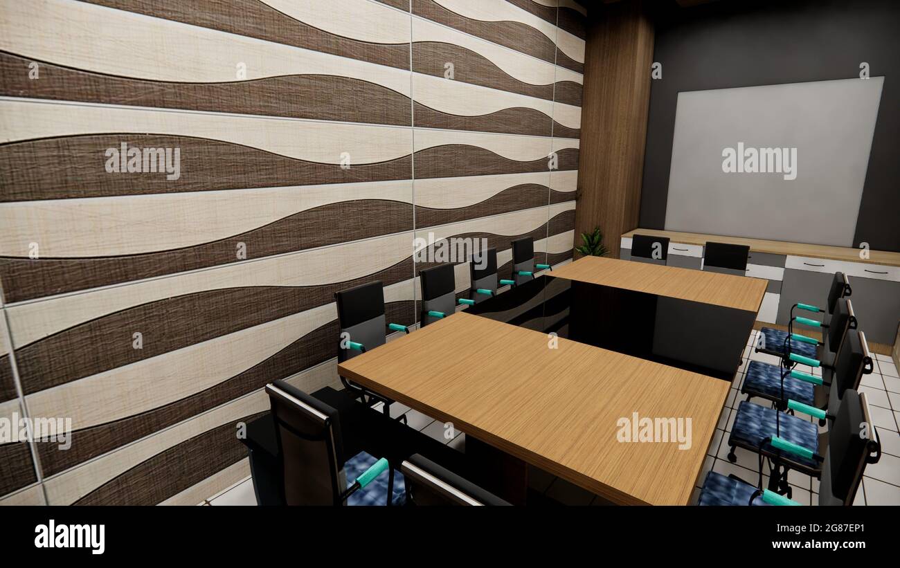 3D-Rendering eines Konferenzraums mit Tisch und Stühlen Stockfoto