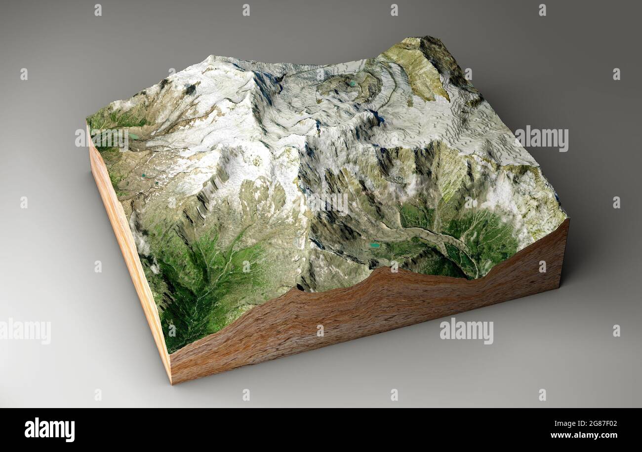 Mount Rosa Karte, Reliefhöhe, Berge. Alpen, Schweiz. Dufour. 3d-Rendering. Element dieses Bildes wird von der NASA eingerichtet Stockfoto