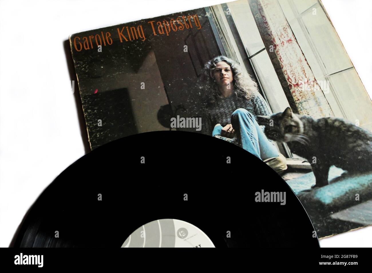 Soft Rock und Pop Artist, Carole King Musikalbum auf Vinyl LP Disc. Titel: Tapestry Album Cover Stockfoto