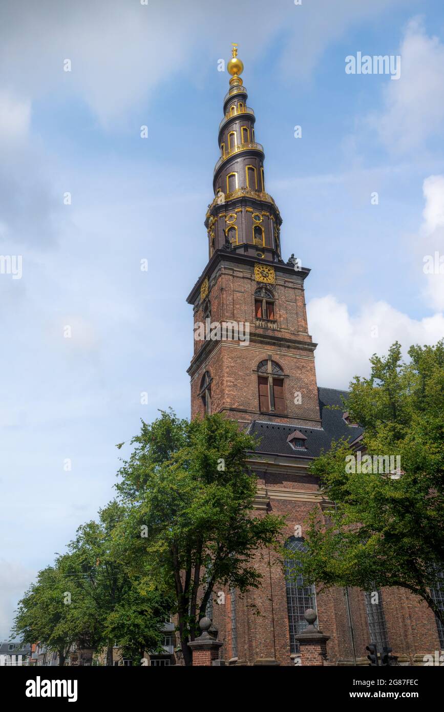 Kirche unseres Erlösers (vor Frelsers Kirke) Turm - Kopenhagen, Dänemark Stockfoto