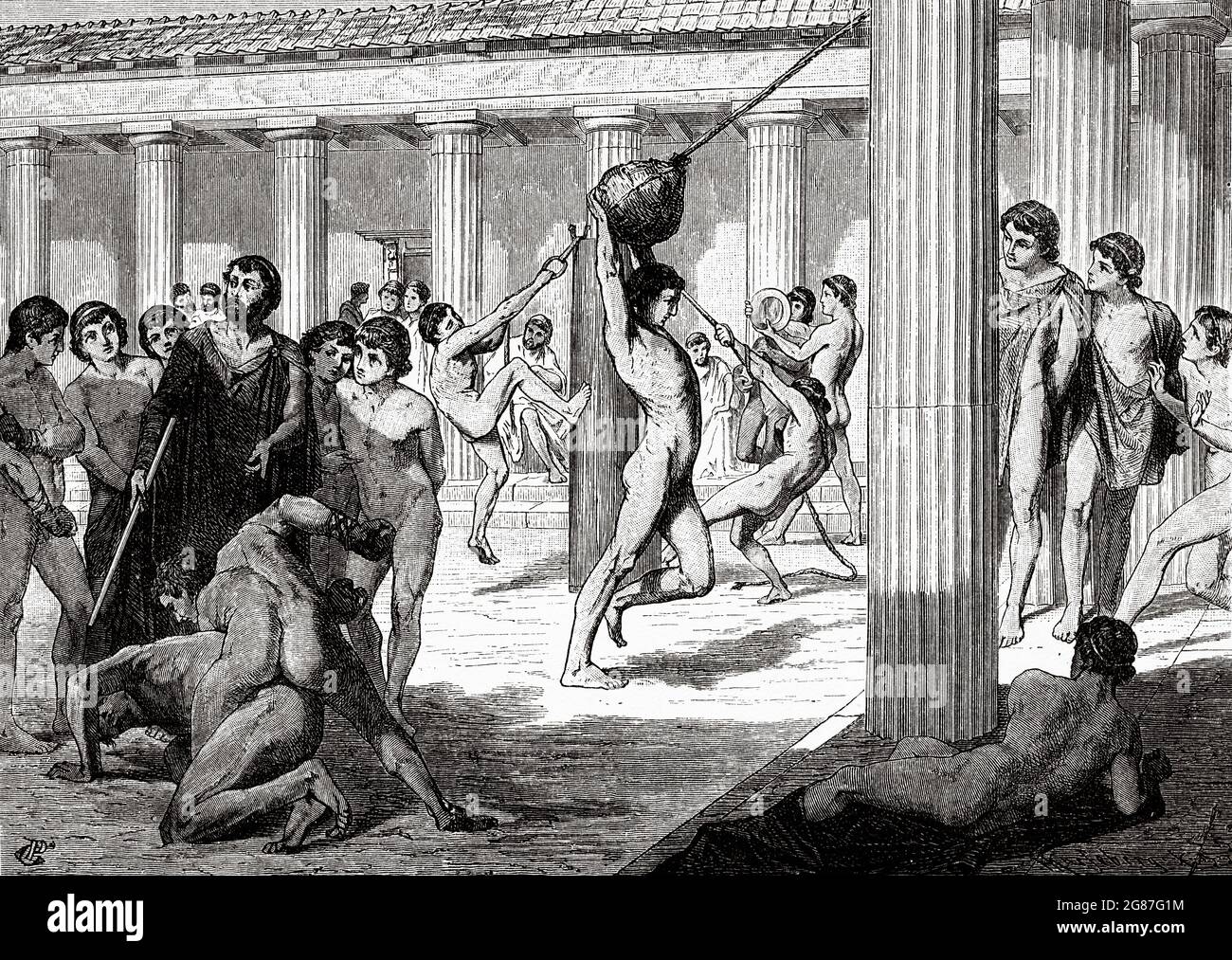 Junge Spartaner trainieren bei Sparta. Altes Griechenland, Europa. Alte Illustration aus dem 19. Jahrhundert von El Mundo Ilustrado 1880 Stockfoto