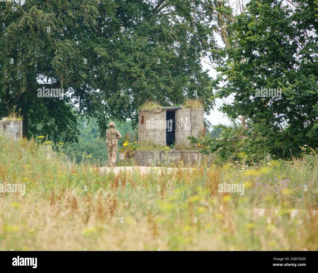 Britischer Soldat im Dienst stehend mit SA80 Gewehr in der Hand Stockfoto