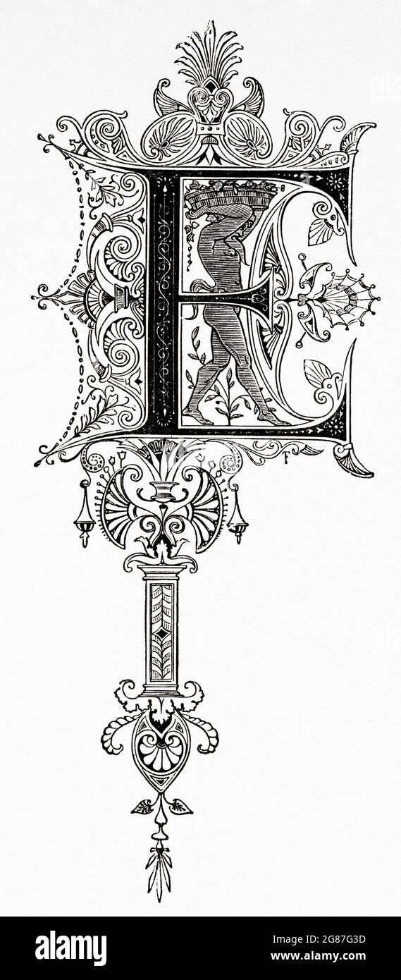 Schriftart Für Kalligraphisches Design. Anfangsbuchstabe E. Alte Illustration aus dem 19. Jahrhundert von El Mundo Ilustrado 1880 Stockfoto