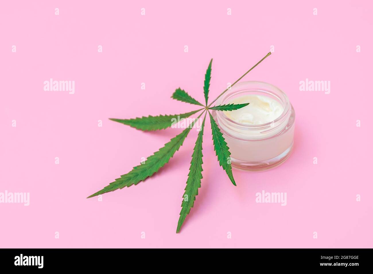 Cannabis-infundiert Kosmetik-Konzept. Flasche Creme mit Hanfblatt auf weichem rosa Hintergrund mit Kopierraum Stockfoto