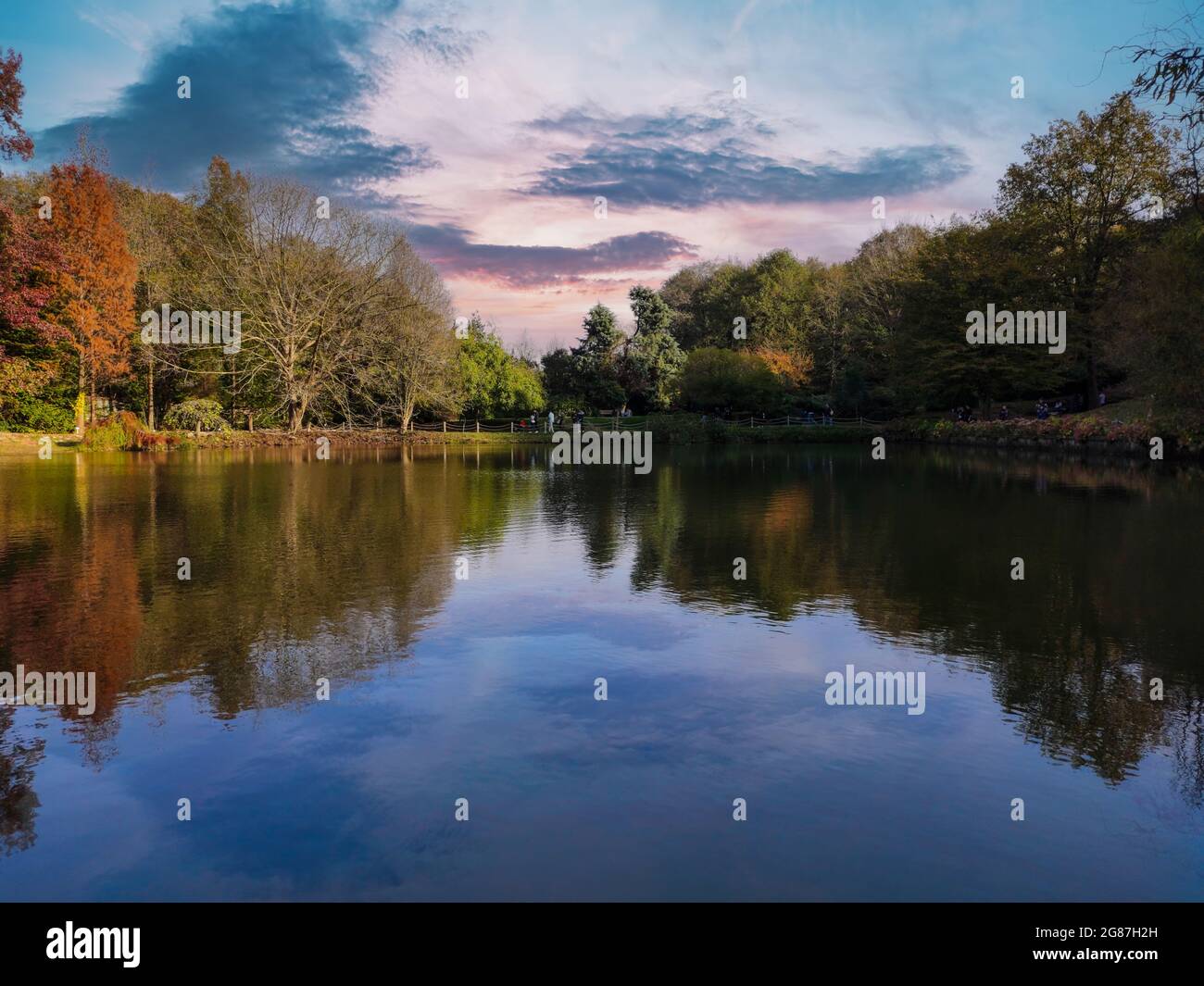 Herbst-Backgorund, Atatürk Arboretum, bunte Baumspiegelung am See. Schöner Naturpark Stockfoto
