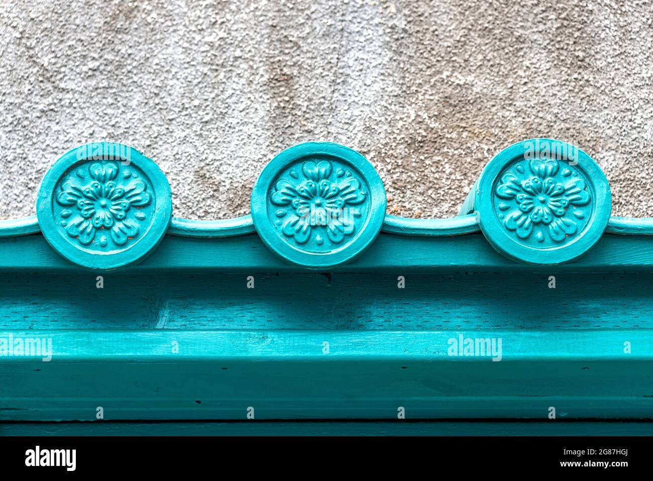 Holzdekoration im alten Gebäude, toronto, kanada Stockfoto