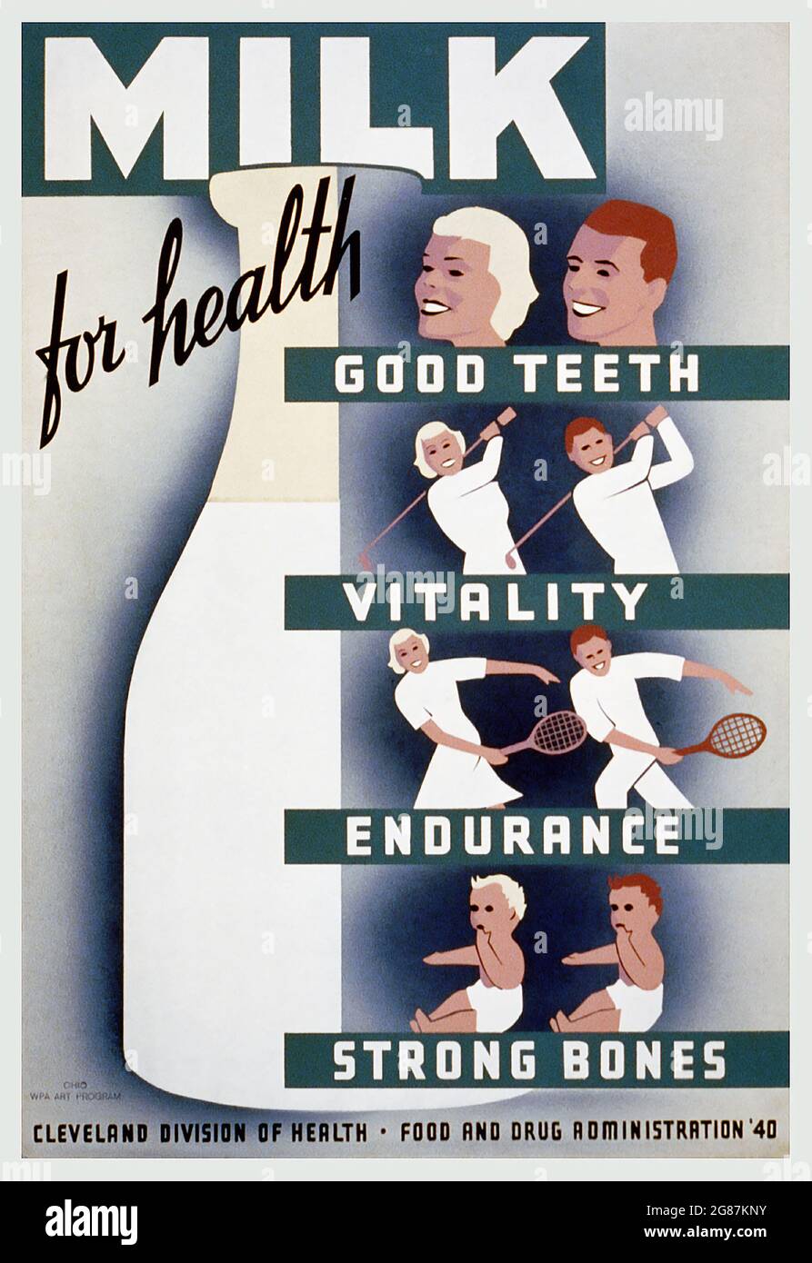 Vintage Poster der Cleveland Division of Health, das den Milchkonsum anhand der Vorteile der Gesundheit berät. WPA-Poster. 1940. Milch für die Gesundheit. Stockfoto