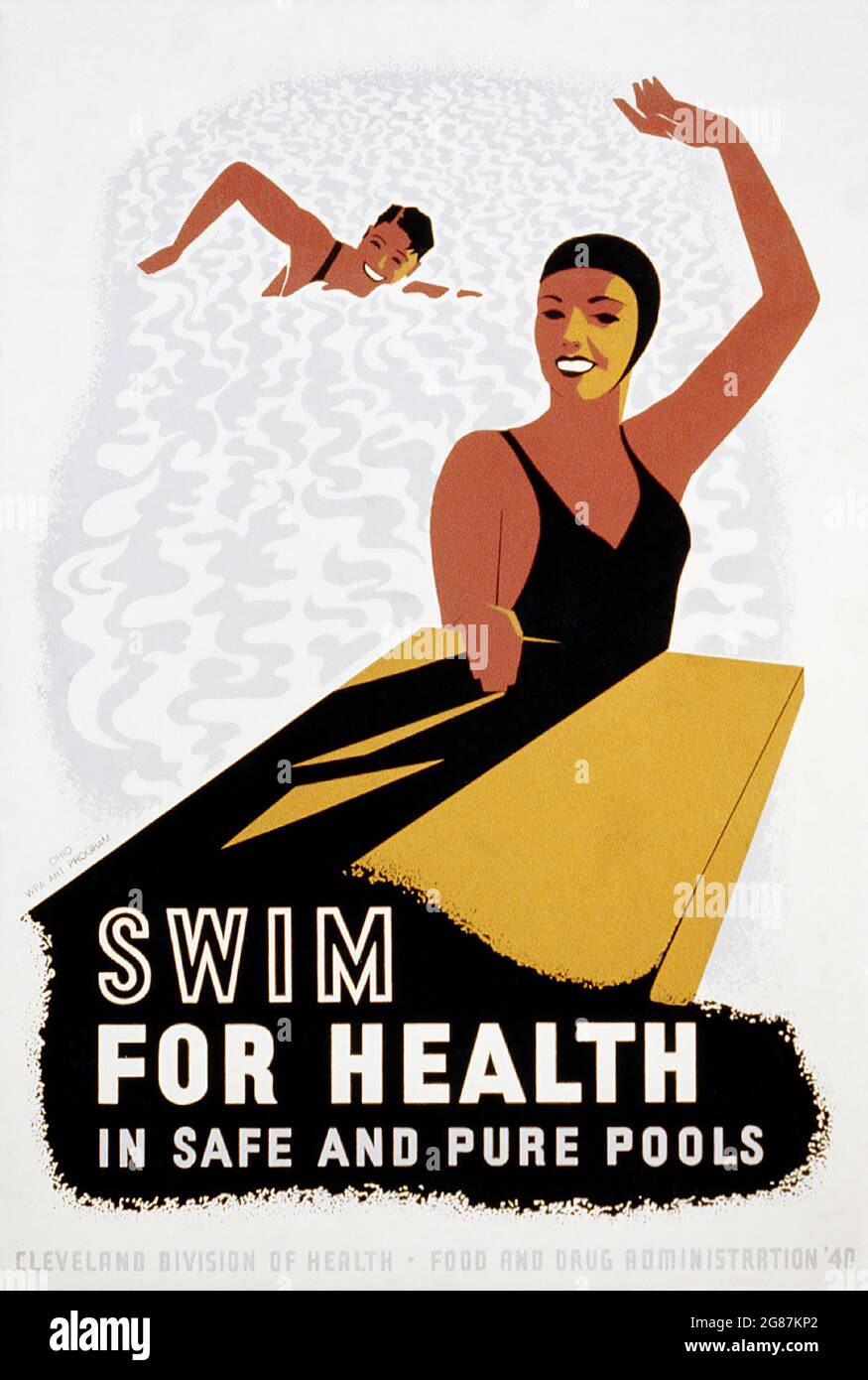 „Swim for Health WPA“-Poster. Plakat der Works Progress Administration aus Ohio fordert die Menschen auf, in sicheren und reinen Pools für die Gesundheit zu schwimmen. 1940. Stockfoto