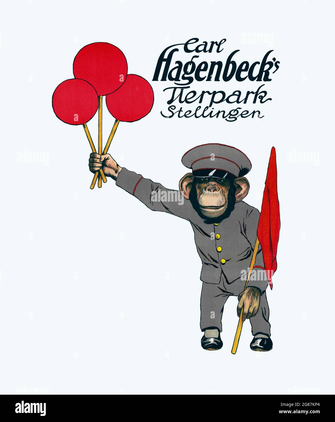 Altes deutsches Poster. Carl Hagenbecks Tierpark Stellingen. Ein Affe, der Ballons hält. Stockfoto