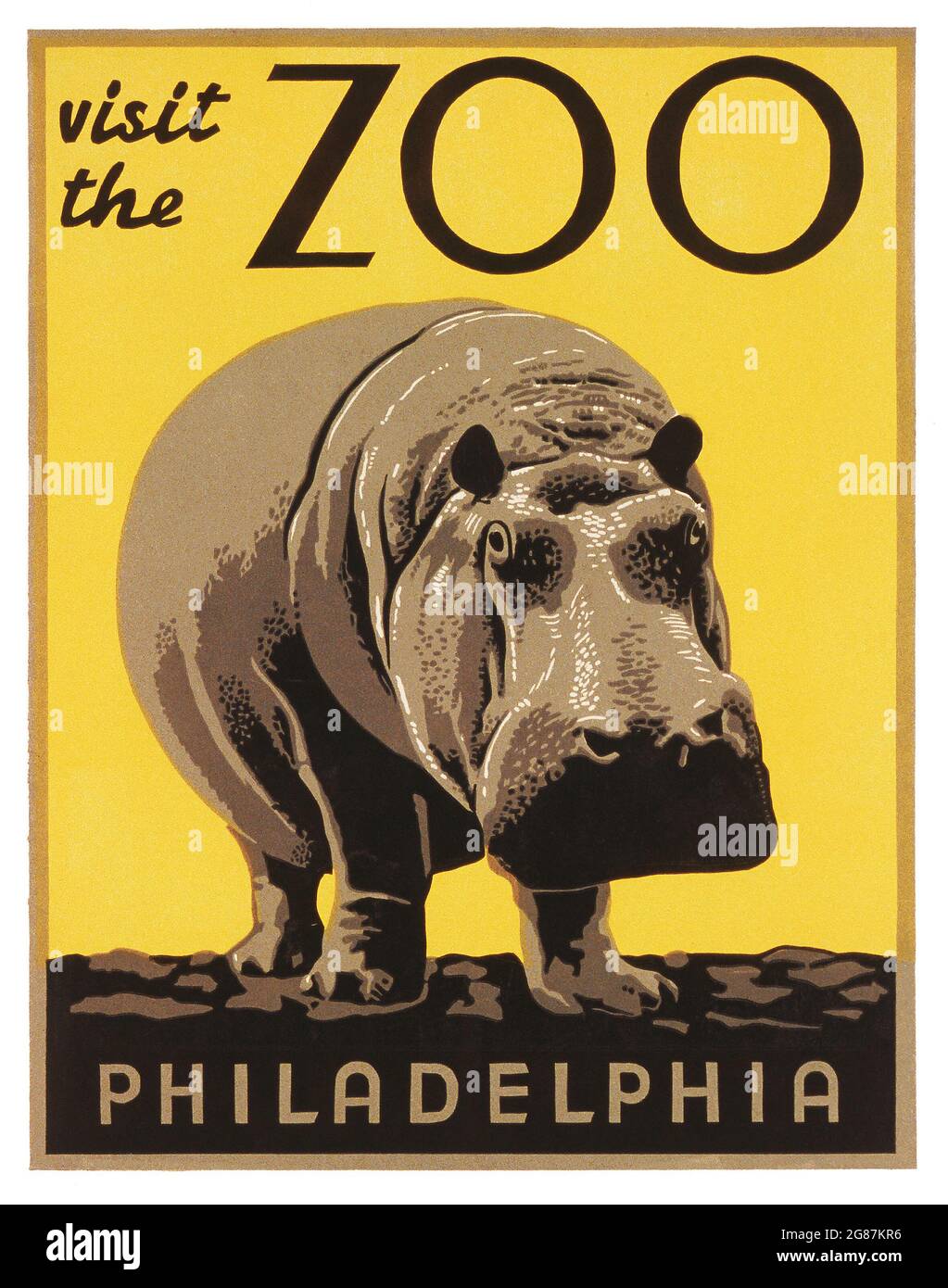 Poster, das Besucher dazu auffordert, den Philadelphia Zoo (Pennsylvania, USA) zu besuchen, „Visit the Zoo“ mit einem Nilpferd als ikonischem Tier. 1936. Stockfoto