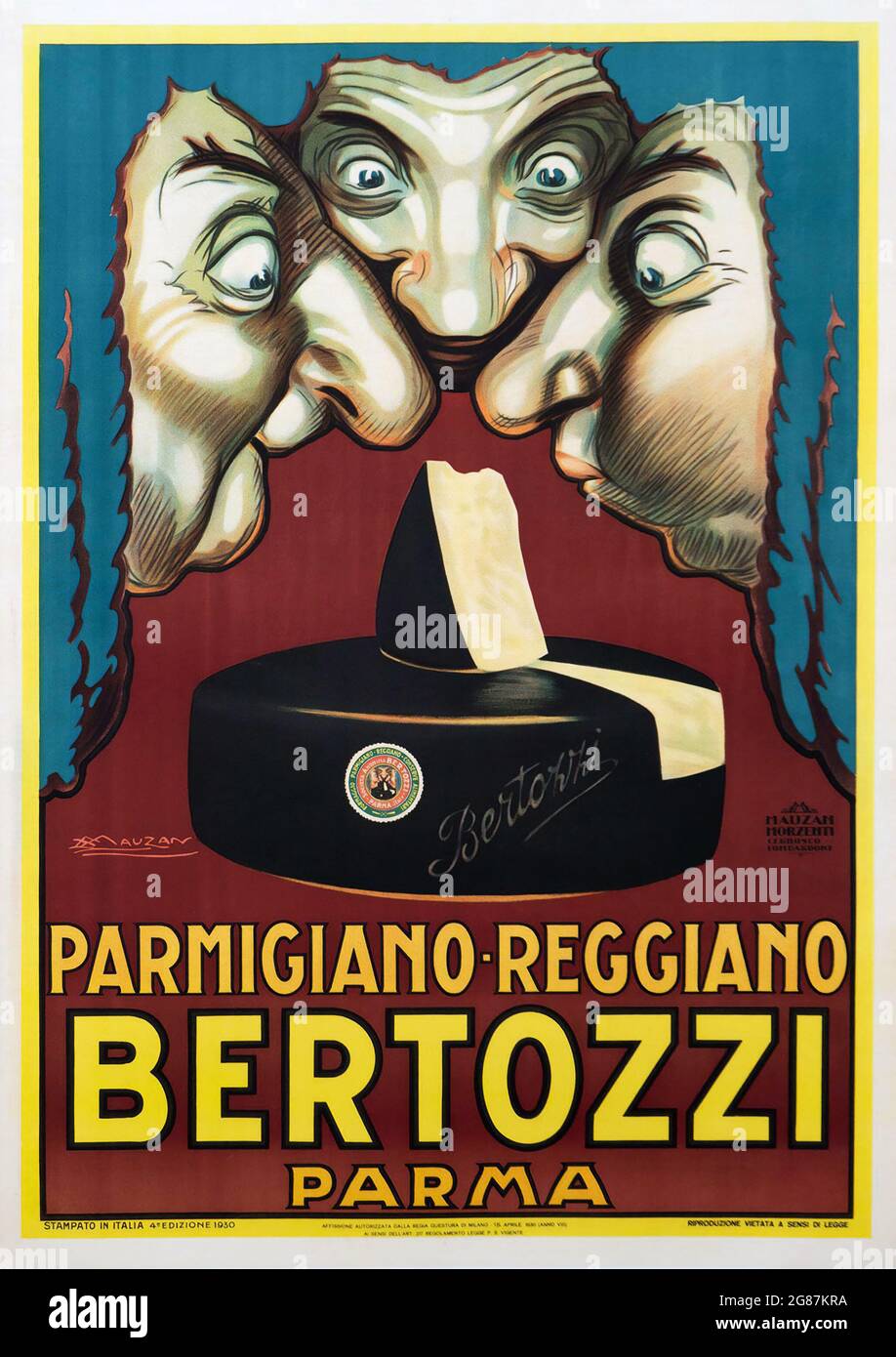 "Bertozzi Parmigiano-Reggiano" - Vintage Food Cheese Poster – Kunstwerk von Achille Luciano Mauzan – 1930 Stockfoto