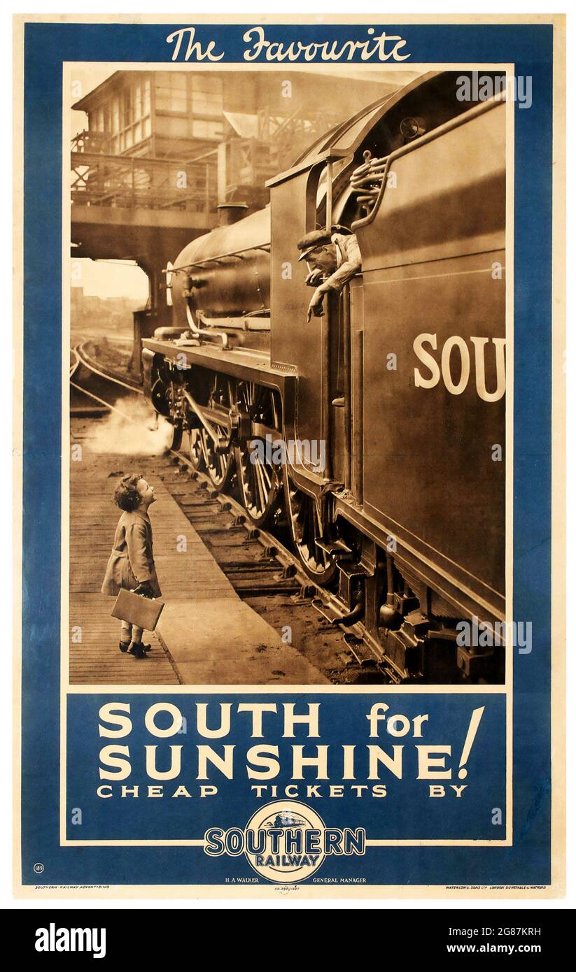 Vintage Southern Railway Poster – Günstige Tickets nach Süden für Sonnenschein. Ein kleines Mädchen im Gespräch mit dem Lokführer. Stockfoto