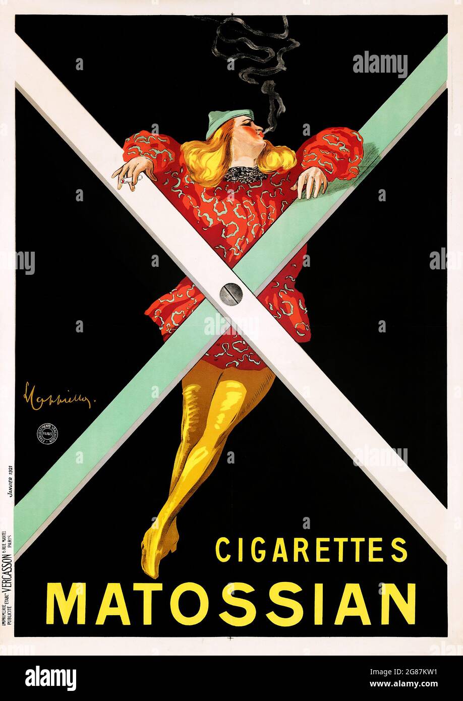 Cigarettes Matossian (1921). Französisches Poster von Leonetto Cappiello Artwork. Frau, die an einem Kreuz raucht. Stockfoto
