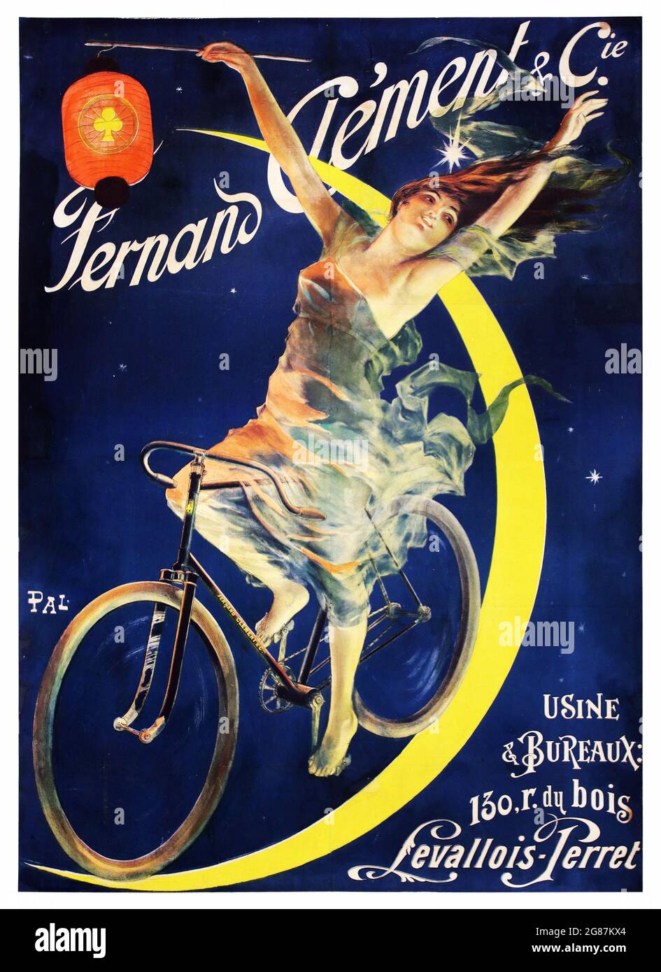 Vintage Fahrradposter. FERNAND CLÉMENT & CIE. Usine & Bureaus: 130. R.du Bois Levallois-Perret. Künstler: PAL – Jean de Paléologue Stockfoto