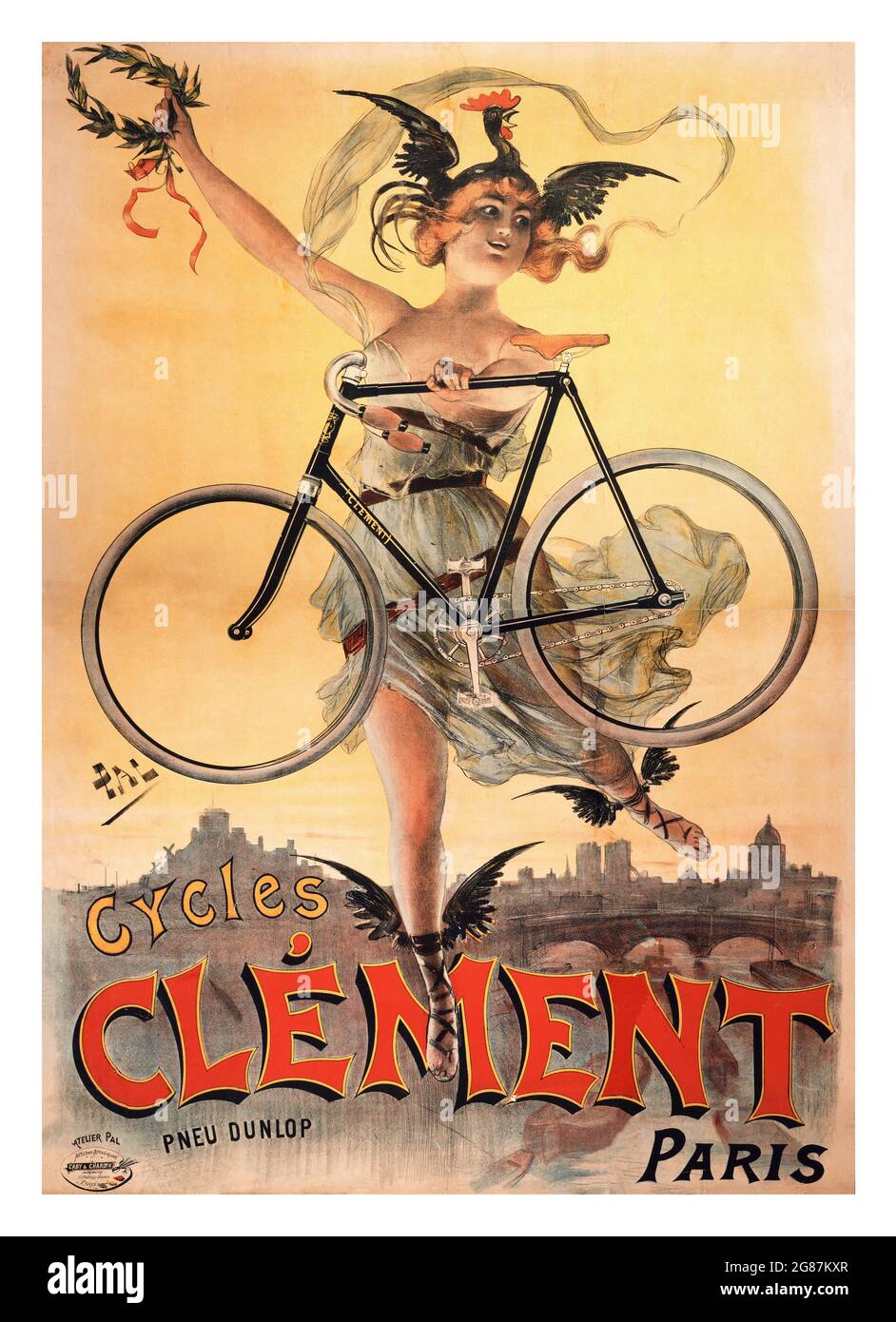 Cycles Clément Paris. Pneu Dunlop. Kunstwerk Jean de Paleologu. PAL. Frau mit Flügeln fliegt mit dem Fahrrad über eine Stadt. Stockfoto