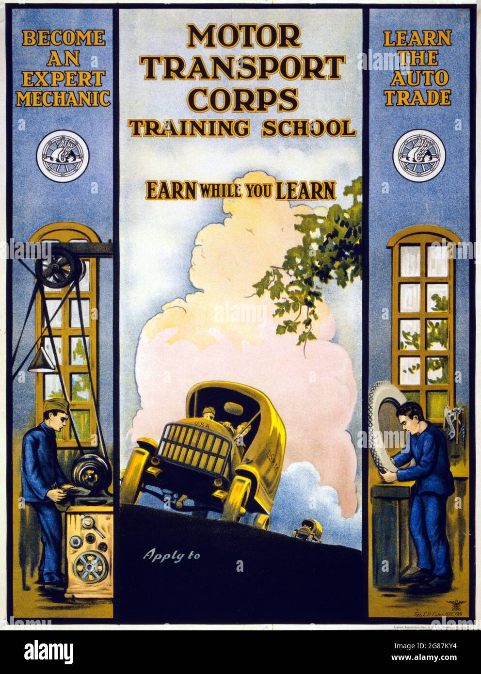 Vintage-Werbung. Motor Transport Corps Training School Verdienen Sie, während Sie lernen. Sgt. E.R. Euler, MTC 1919. U.S. Army Motor Transport Corps. Stockfoto