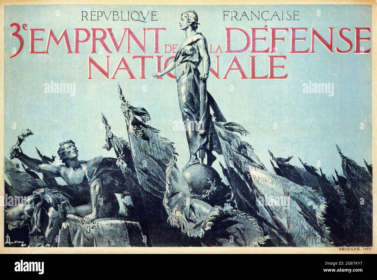 Vintage-Poster. République Française. 3e Emprunt de la Défense Nationale von Draeger 1917. Kriegsanleihen und -Fonds, Frankreich. Marianne (französisches Emblem). Stockfoto