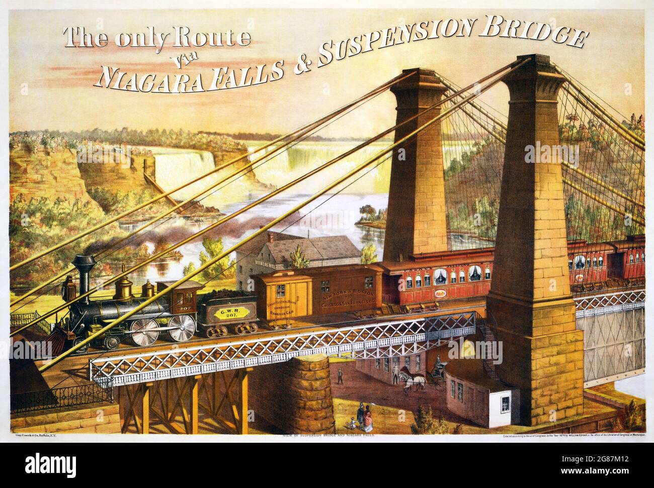 Werbung für die Niagara Falls Suspension Bridge der Great Western Railway – „die einzige Route über die Niagara Falls & Suspension Bridge“ c 1876 Stockfoto