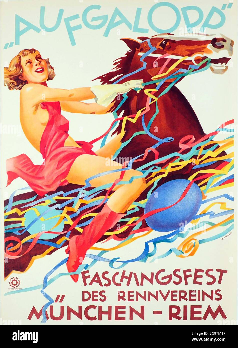 Vintage Poster für das Aufgalopp Faschingsfest des Rennvereins. Karneval München Ft Horse. 1930er Jahre. Klassisches Poster/Werbespot. Aufgalopp-Poster. Stockfoto