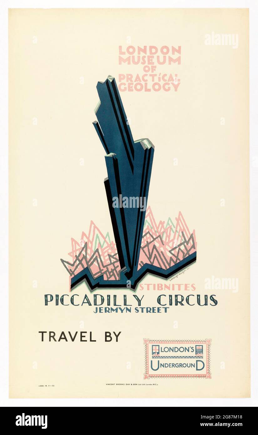 Vintage-Werbung. Klassisches Poster/Werbespot. Plakat für das Museum of Practical Geology, Londoner U-Bahn, Piccadilly Circus Jeremiyn Street 1921 Stockfoto