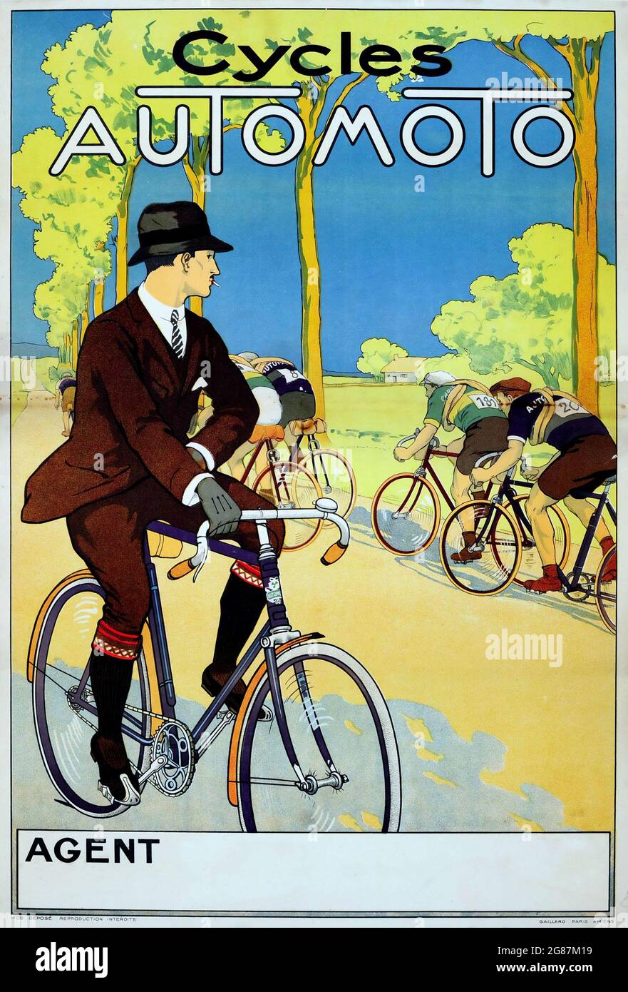 Vintage Poster der 1920er Jahre für Automoto Motos, Fahrräder & Motorräder Frankreich. Klassisches Poster/Werbespot. Mann auf dem Fahrrad. „Schaltet Den Automoto Ein“. 1920er Jahre. Stockfoto
