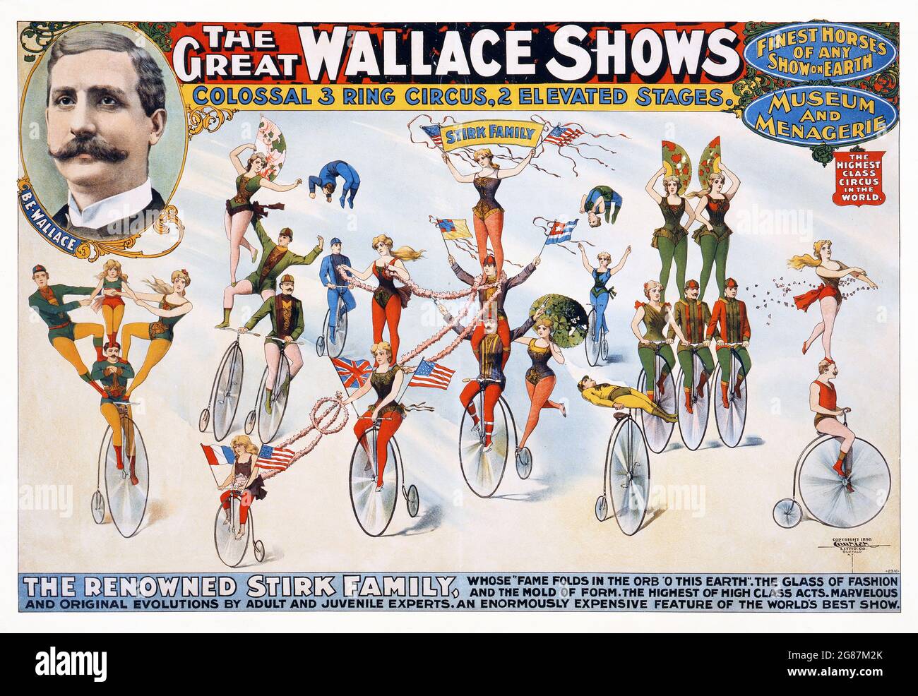 Vintage-Werbung. Klassisches Poster/Werbespot. Das Great Wallace zeigt ein Zirkusposter mit der „berühmten Familie Stirk“. 1903. Stockfoto