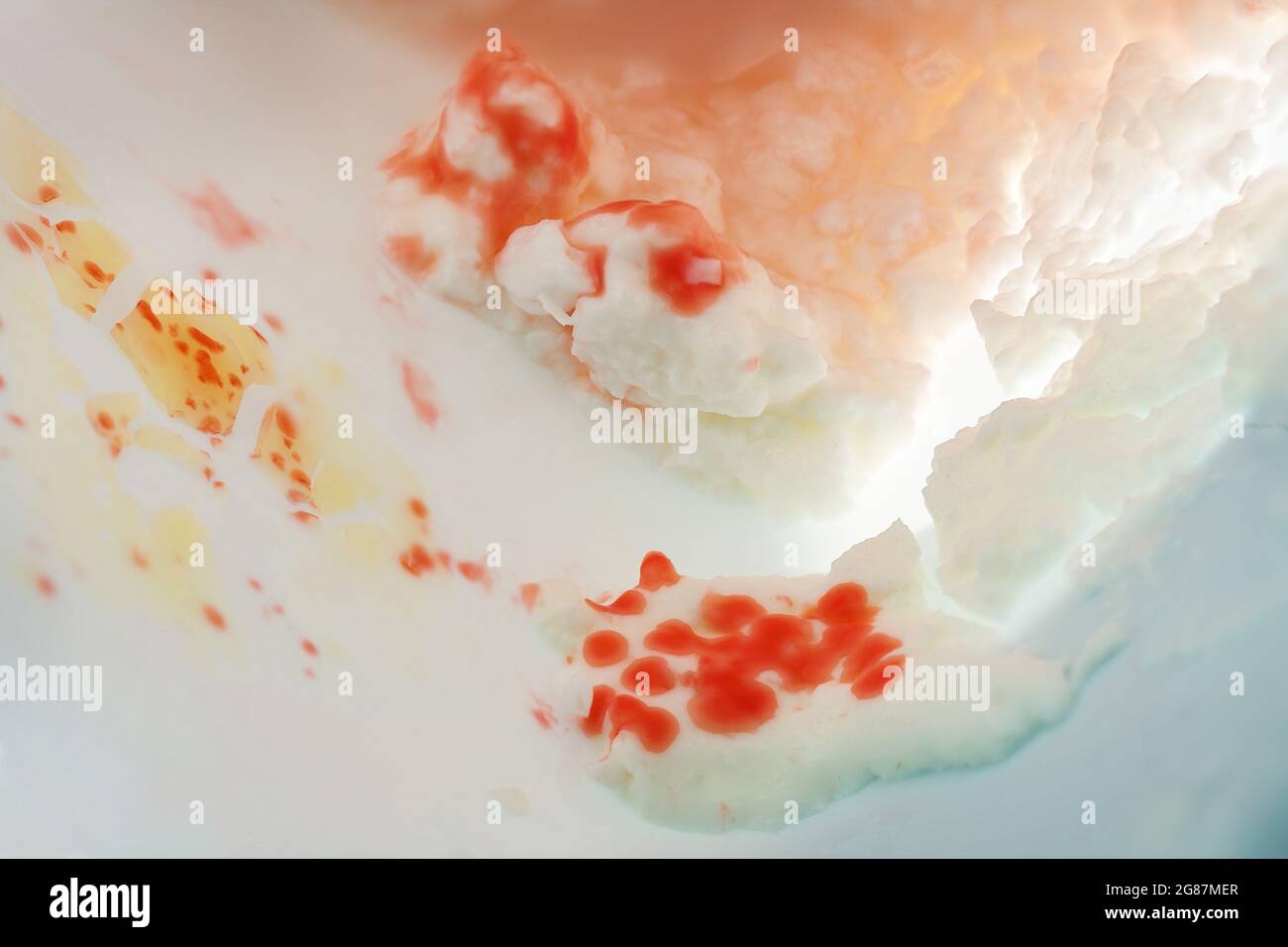 Serratia marcescens, stäbchenförmige Bakterien mit rotem Pigment, die in einer Packung Quark wachsen, wahrscheinlich aufgrund einer Kontamination während der Füllung, Konzept f Stockfoto