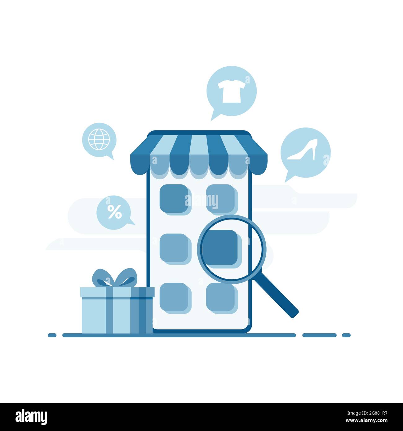 E-Commerce-Konzept mit Smartphone und Lupe Illustration Stock Vektor