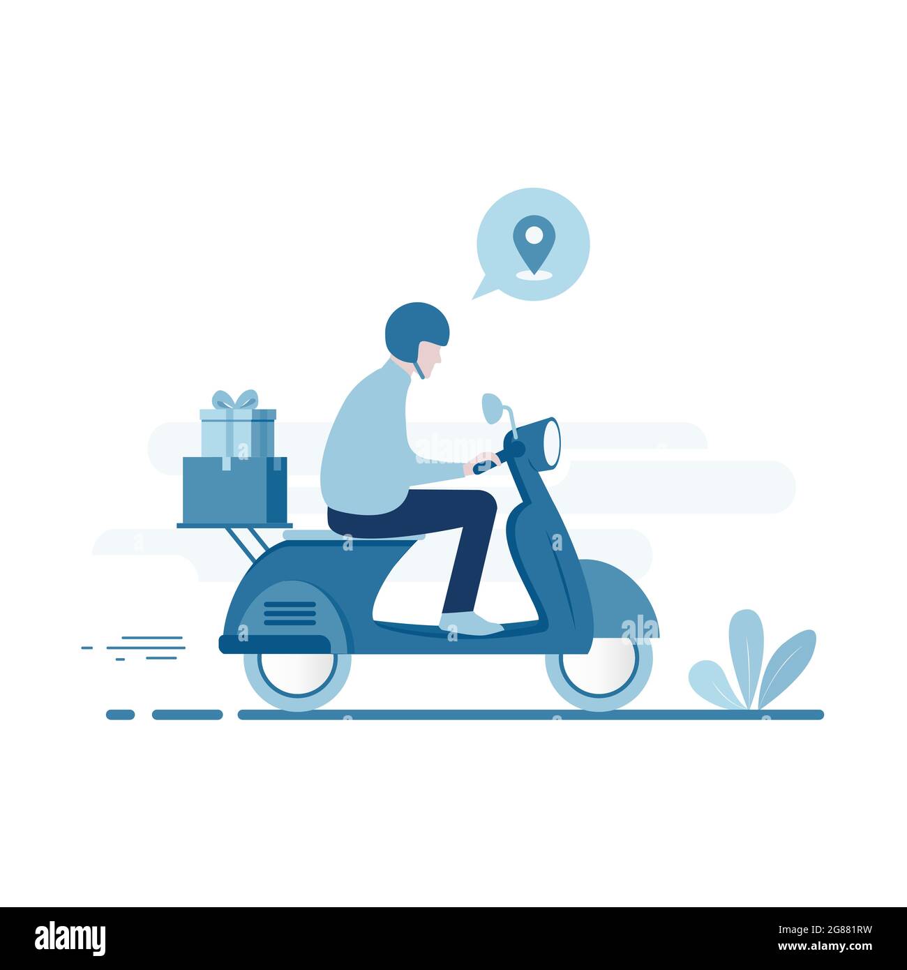 Ein Kuriermann, der einen Roller für den Lieferservice fährt. Stock Vektor