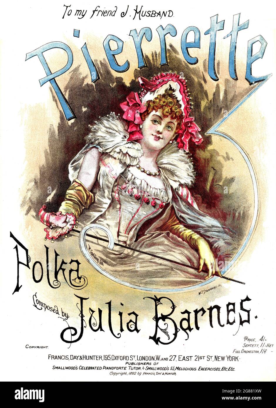 Pierrette Polka, ca. 1900 Englische Notenblätter mit Farblithographie von schöner Frau in ausgefallener Kleidung/Kostüm und Hut. Stockfoto