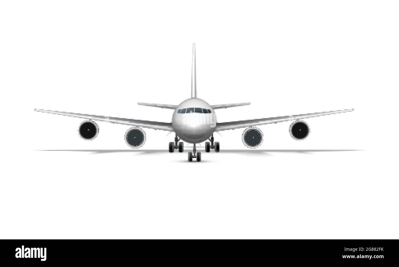 Realistische Standansicht von Flugzeugen, Düsenflugzeugen oder Passagierflugzeugen. Detailliertes Passagierflugzeug auf Weiß Stock Vektor