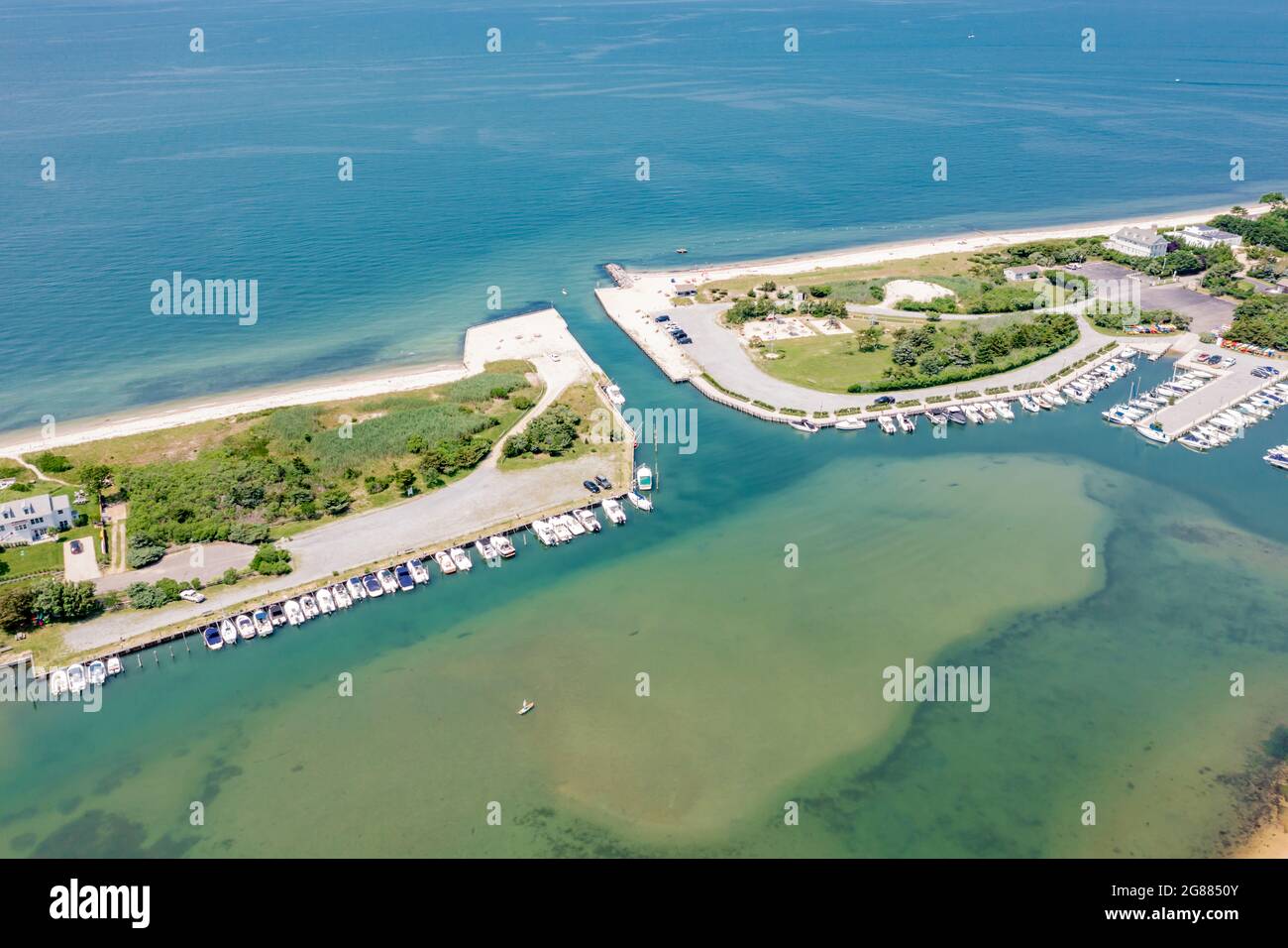 Luftaufnahme der Lion Head Beach Association und Clearwater Beach, East Hampton, NY Stockfoto