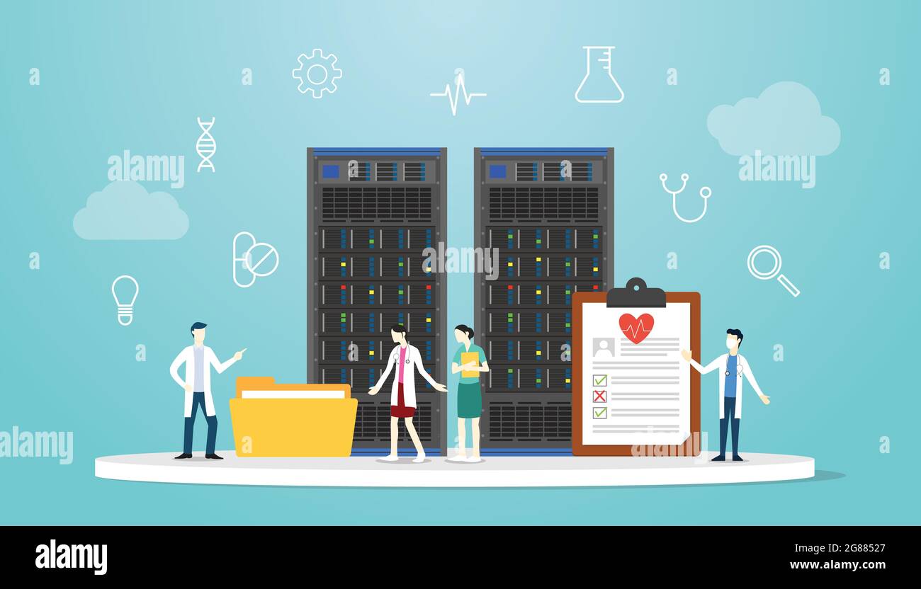 Healthcare bigdata medizinisches Konzept mit Server und Arzt mit moderner Vektorgrafik im flachen Stil Stockfoto