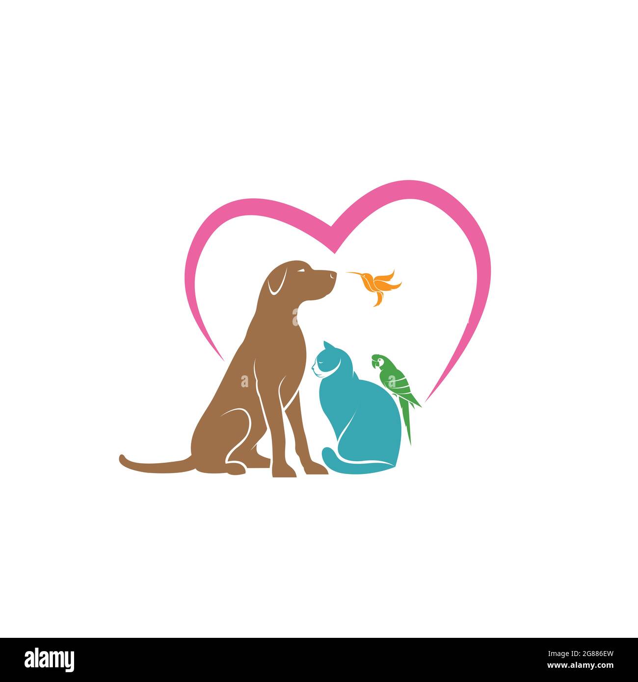 Vektor von Papagei, Katze, Hund und Kolibri mit rosa Herzform auf weißem Hintergrund. Veterinärsymbol mit Haustier. Haustierpflege. Banner Tier. Einfaches editabl Stock Vektor