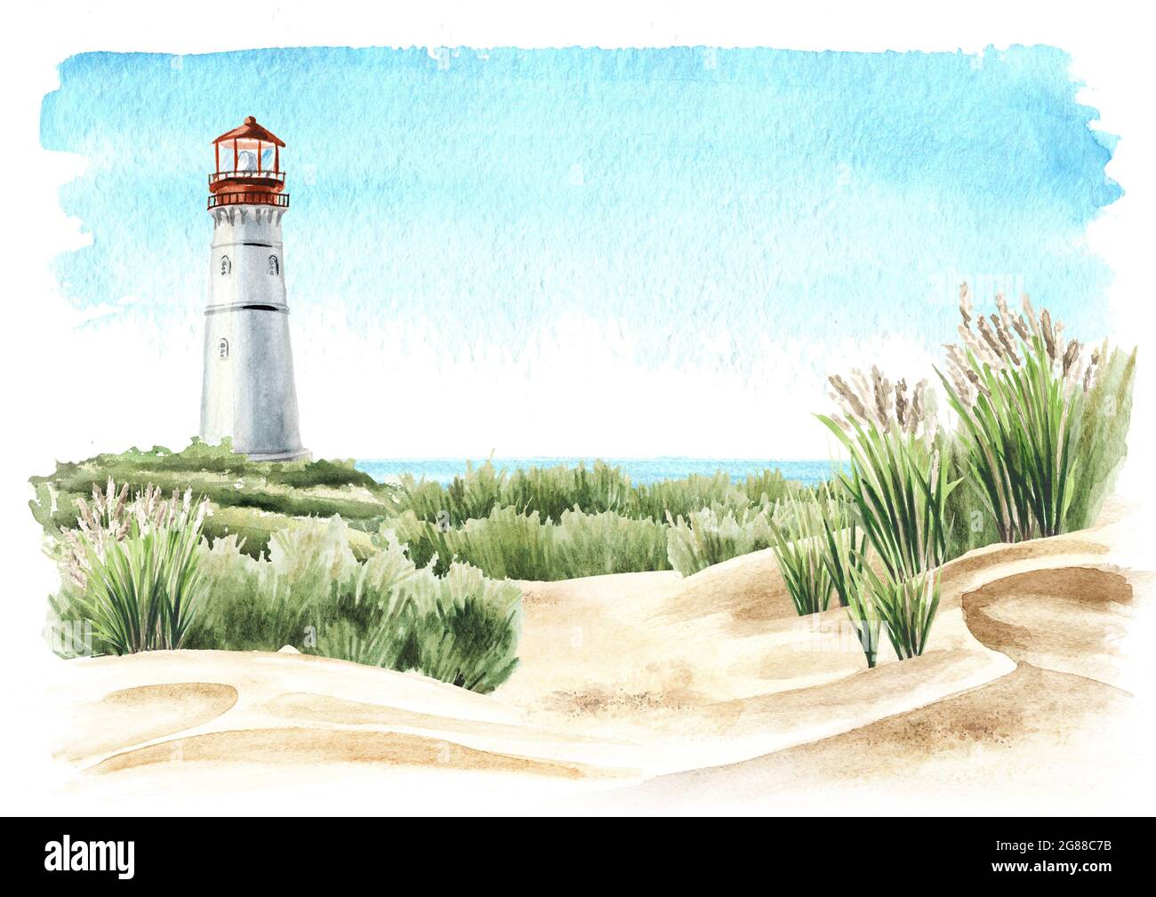 Meer mit Sanddünen und altem Leuchtturm, handgezeichnete Aquarell-Illustration, isoliert auf weißem Hintergrund Stockfoto