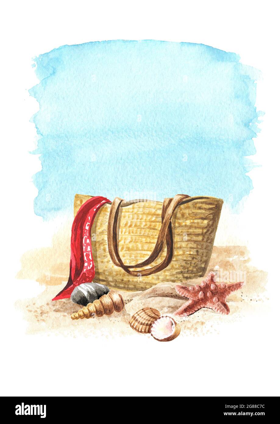 Strandtasche aus Korbgeflecht und bunte Muscheln auf dem Sand auf dem Hintergrund des Meeres mit Kopierraum. Handgezeichnete Aquarellillustration, isoliert auf Whi Stockfoto