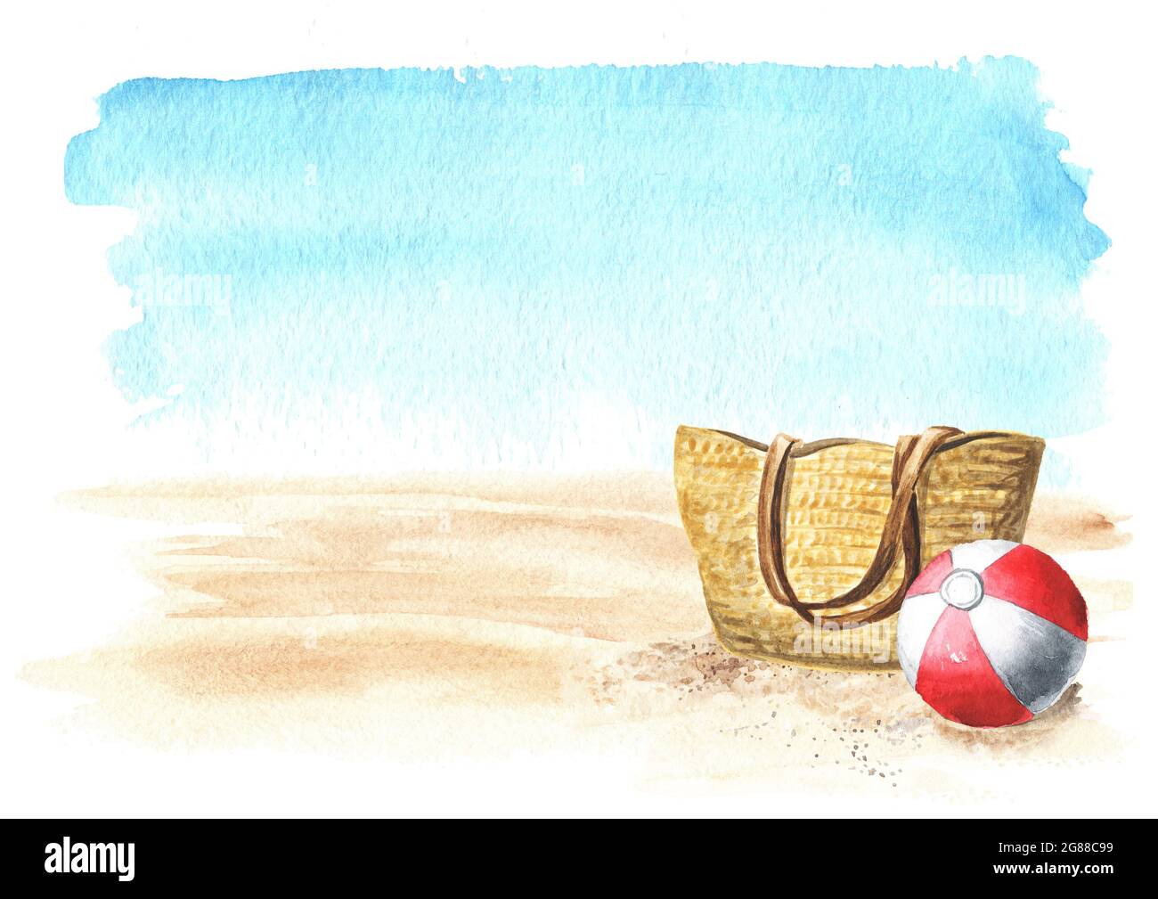 Strandtasche aus Korbgeflecht mit und Beach Ball auf rhe Sand auf dem Hintergrund des Meeres mit Kopierplatz. Handgezeichnete Aquarellillustration isoliert auf weißem Ba Stockfoto