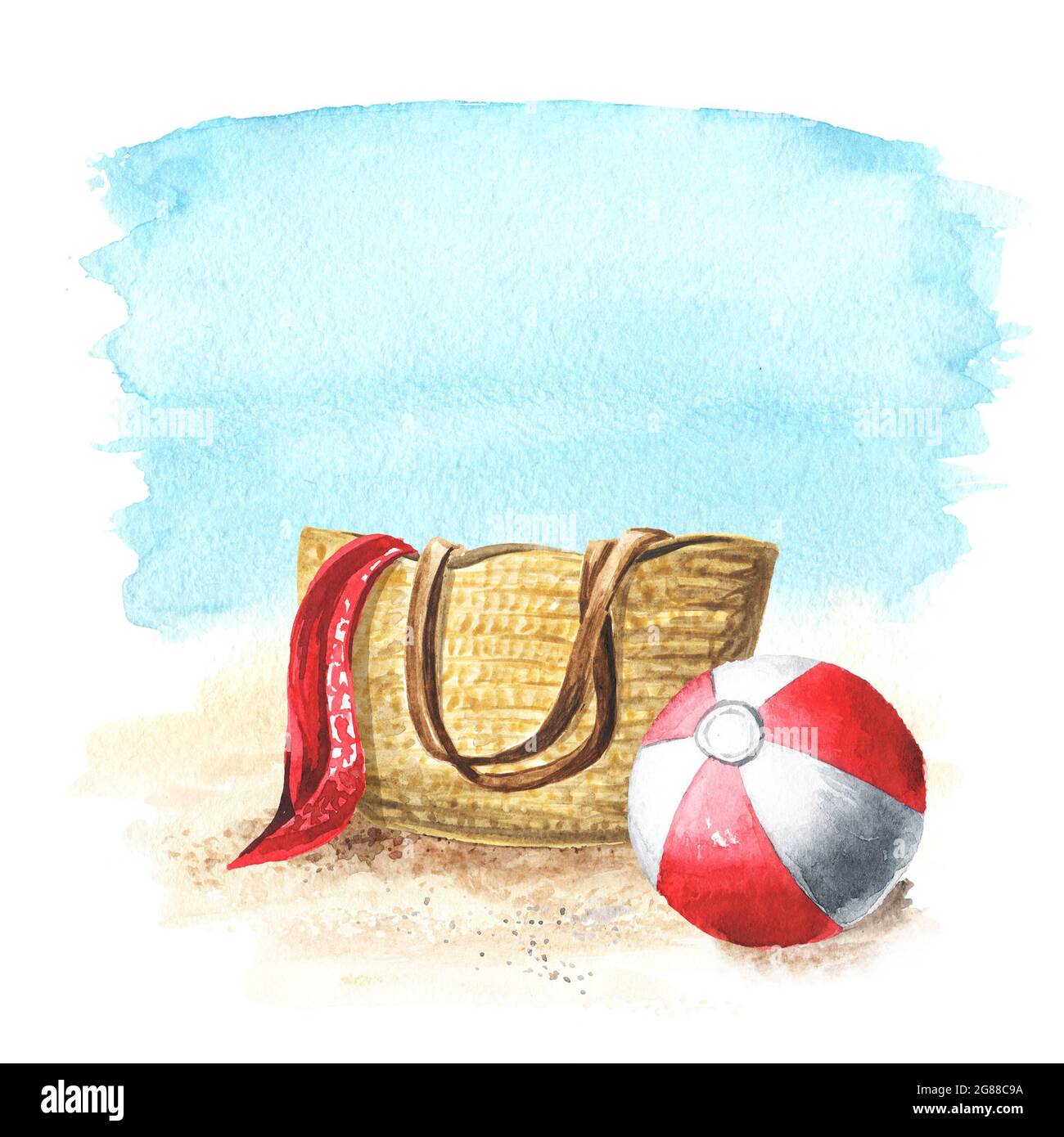 Strandtasche aus Korbgeflecht mit und Beach Ball auf rhe Sand auf dem Hintergrund des Meeres mit Kopierplatz. Handgezeichnete Aquarellillustration, isoliert auf weiß b Stockfoto