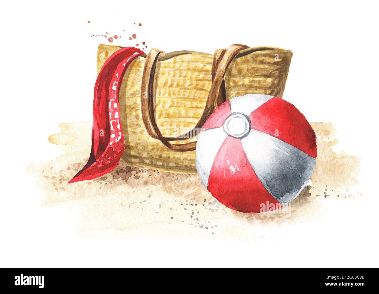 Strandtasche aus Korbgeflecht mit rotem Schal und aufblasbarem Beach Colour Ball auf rhe Sand. Handgezeichnete Aquarelldarstellung isoliert auf weißem Hintergrund Stockfoto