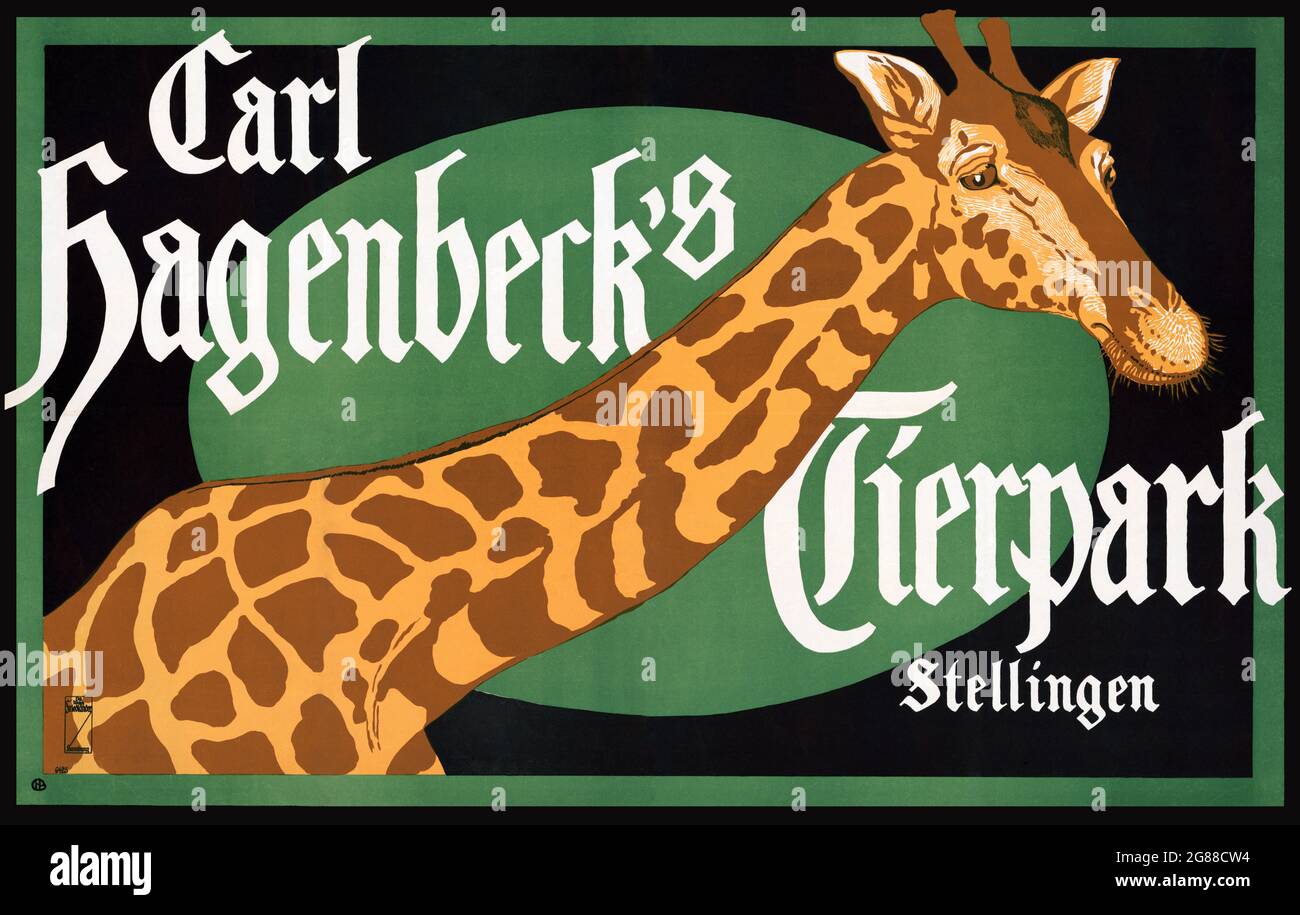 Carl Hagenbecks Tierpark, Stellingen. Digital verbessert. Vintage-Poster mit einer Giraffe für den Carl Hagenbeck Zoo. Hohe Auflösung. Stockfoto