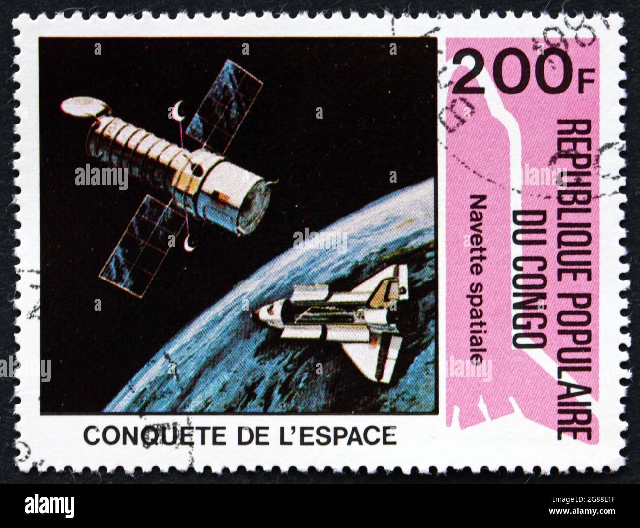 KONGO - UM 1981: Eine in Kongo gedruckte Marke zeigt Columbia Space Shuttle, Space Conquest, um 1981 Stockfoto