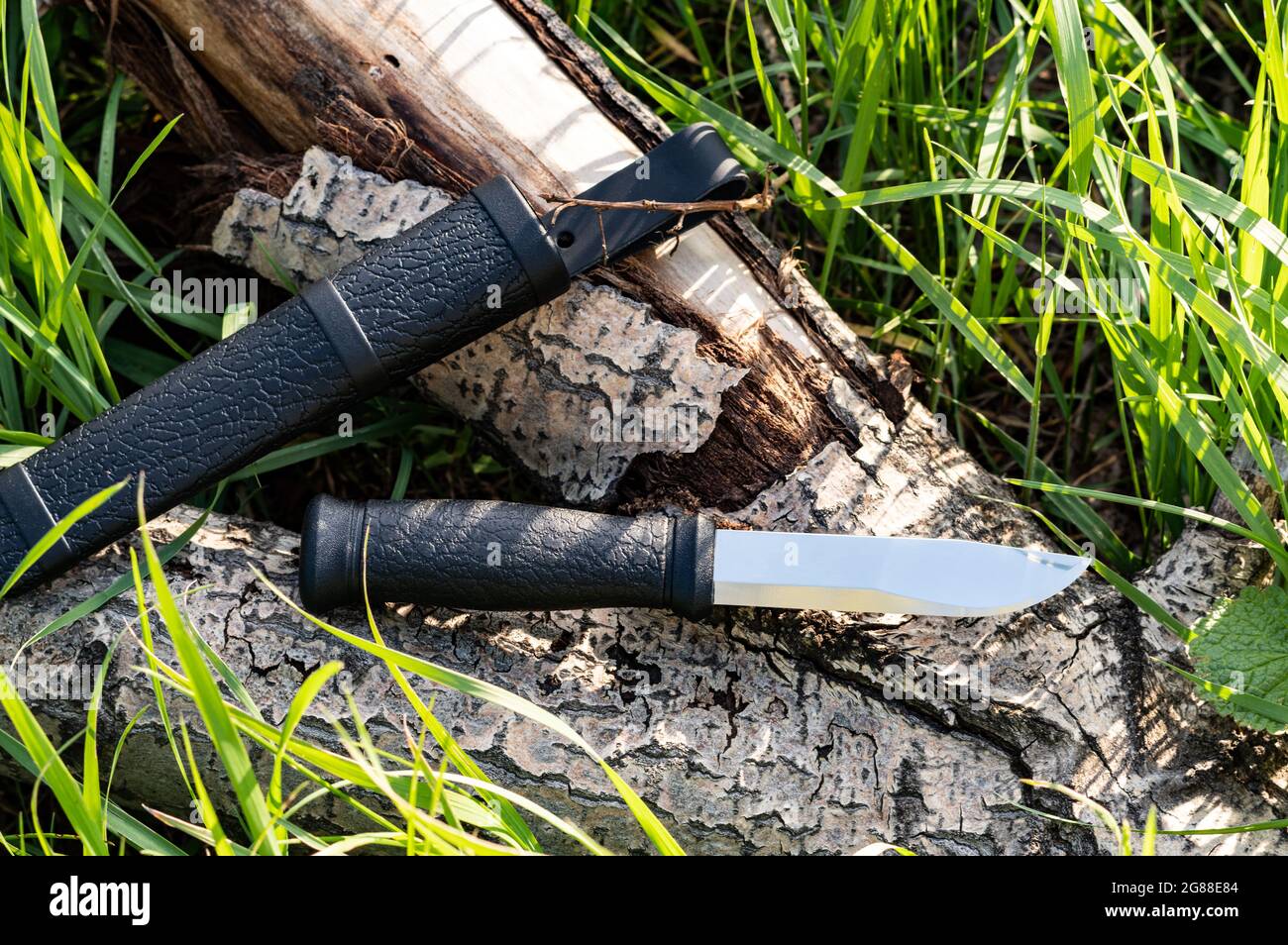 Messer Mit Fester Klinge Auf Dem Stumpf Messer Und Mantel Jagdmesser Fur Den Aussenbereich Draufsicht Stockfotografie Alamy