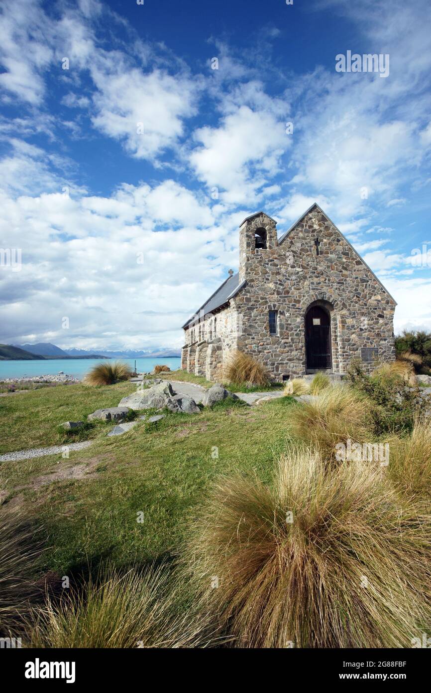 Kirche der guten alten Schäferhund Neuseeland Mackenzie Region am See tekapo Stockfoto