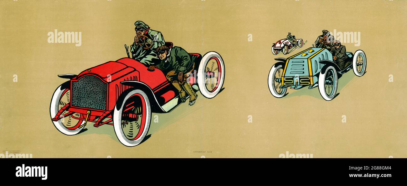Automobilrennen – New York 1907. Digital verbessert. George Markendorff. Grafik. Autos auf goldenem Hintergrund. Stockfoto