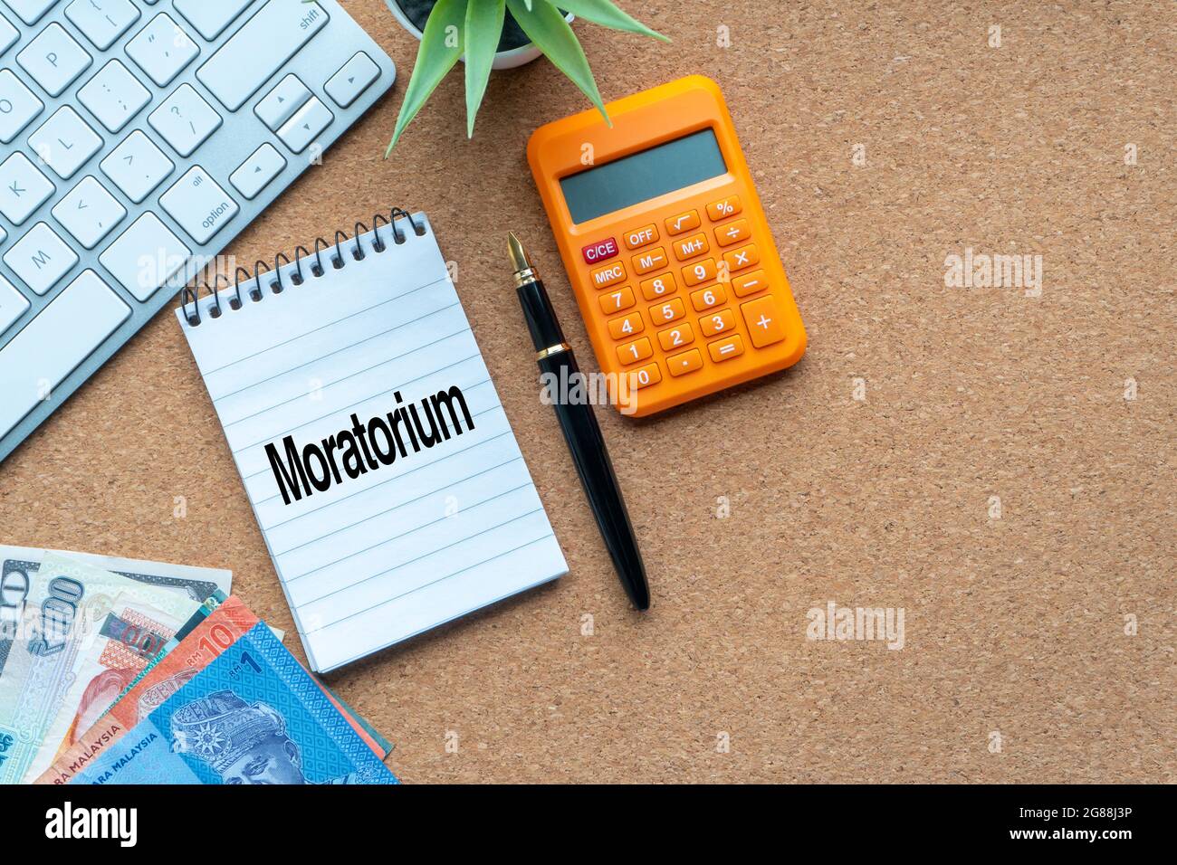 MORATORIUMTEXT mit Notizblock, Rechner, Zierpflanze, Geldscheinen, Tastatur und Füllfederhalter auf Holzhintergrund. Geschäfts- und Kopierbereich c Stockfoto