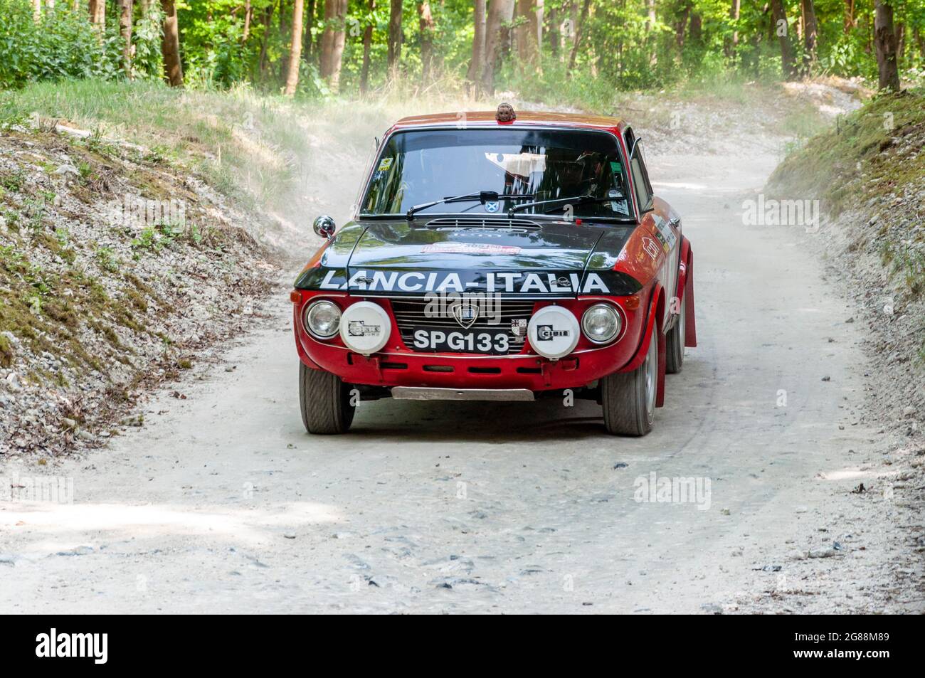 Lancia Fulvia Coupe 1.3 Rallyewagen des Teams Lancia Italia auf der Rallye-Bühne beim Goodwood Festival of Speed 2013. Historischer Oldtimer für Rallyes Stockfoto