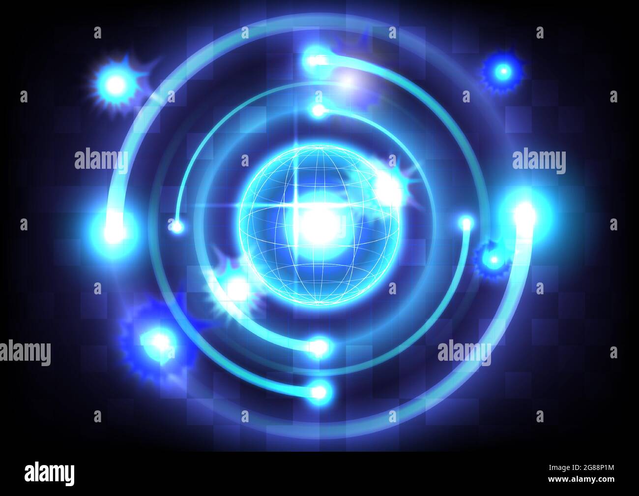 Abstrakter futuristischer Hightech-Hintergrund. Blaue Lichteffekte auf runden Platzhaltern. Sci-Fi glühende Kugel. Digitale Infografik zur Technologie Stock Vektor