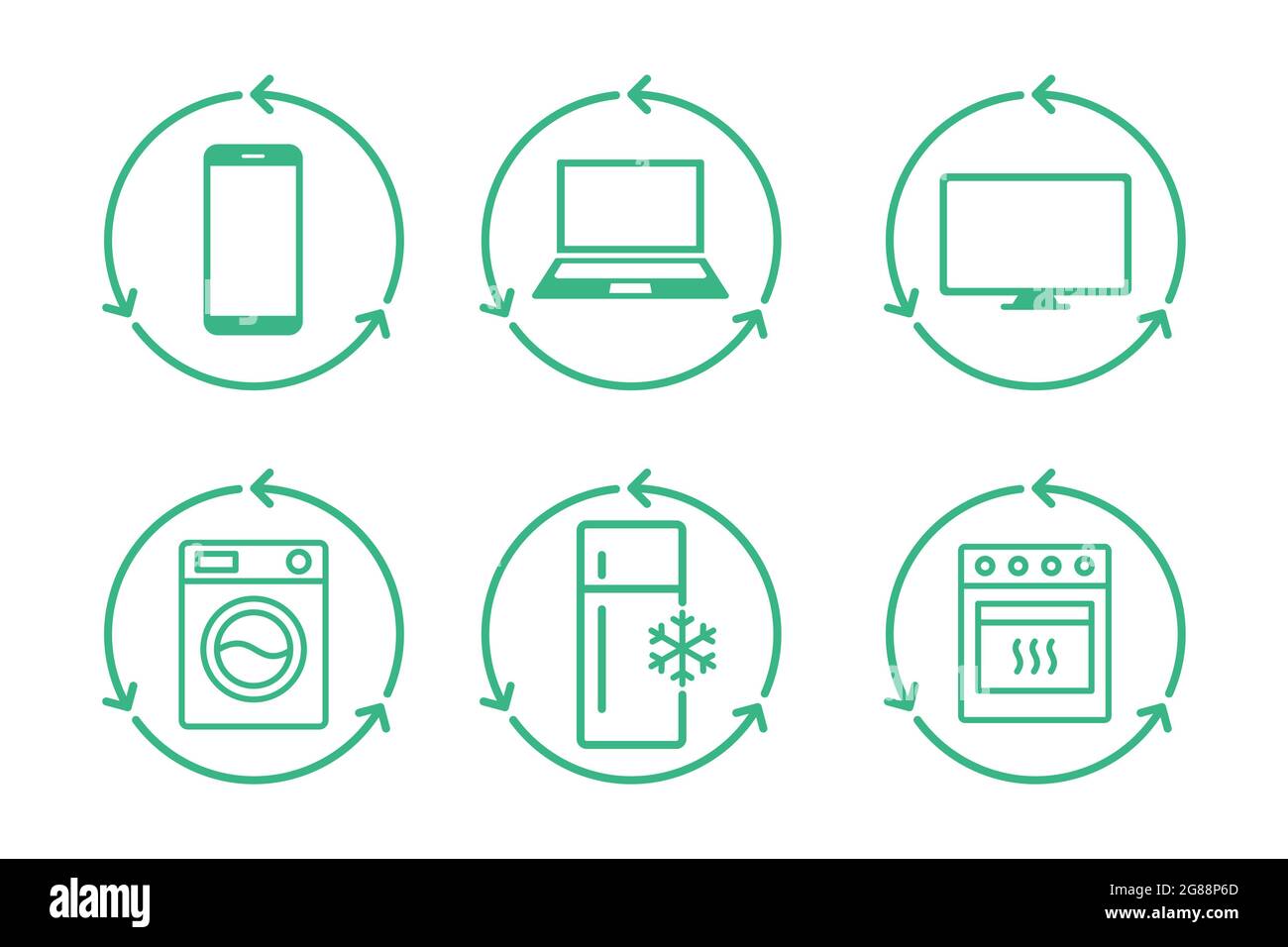 Symbol für elektronische Abfallleitung eingestellt. Recycling von Haushaltsgeräten. E Verschwendung. Handy, Laptop, tv, Waschmaschine, Kühlschrank, Herd, im Recyclingkreis Stock Vektor