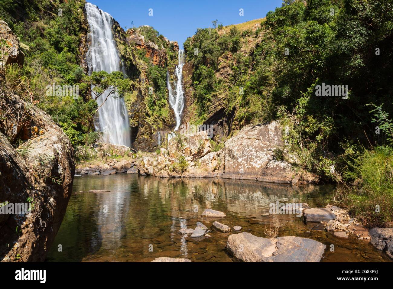 Die Wasserfälle von Lissabon und der Pool von unten gesehen, Mpumalanga, Südafrika Stockfoto