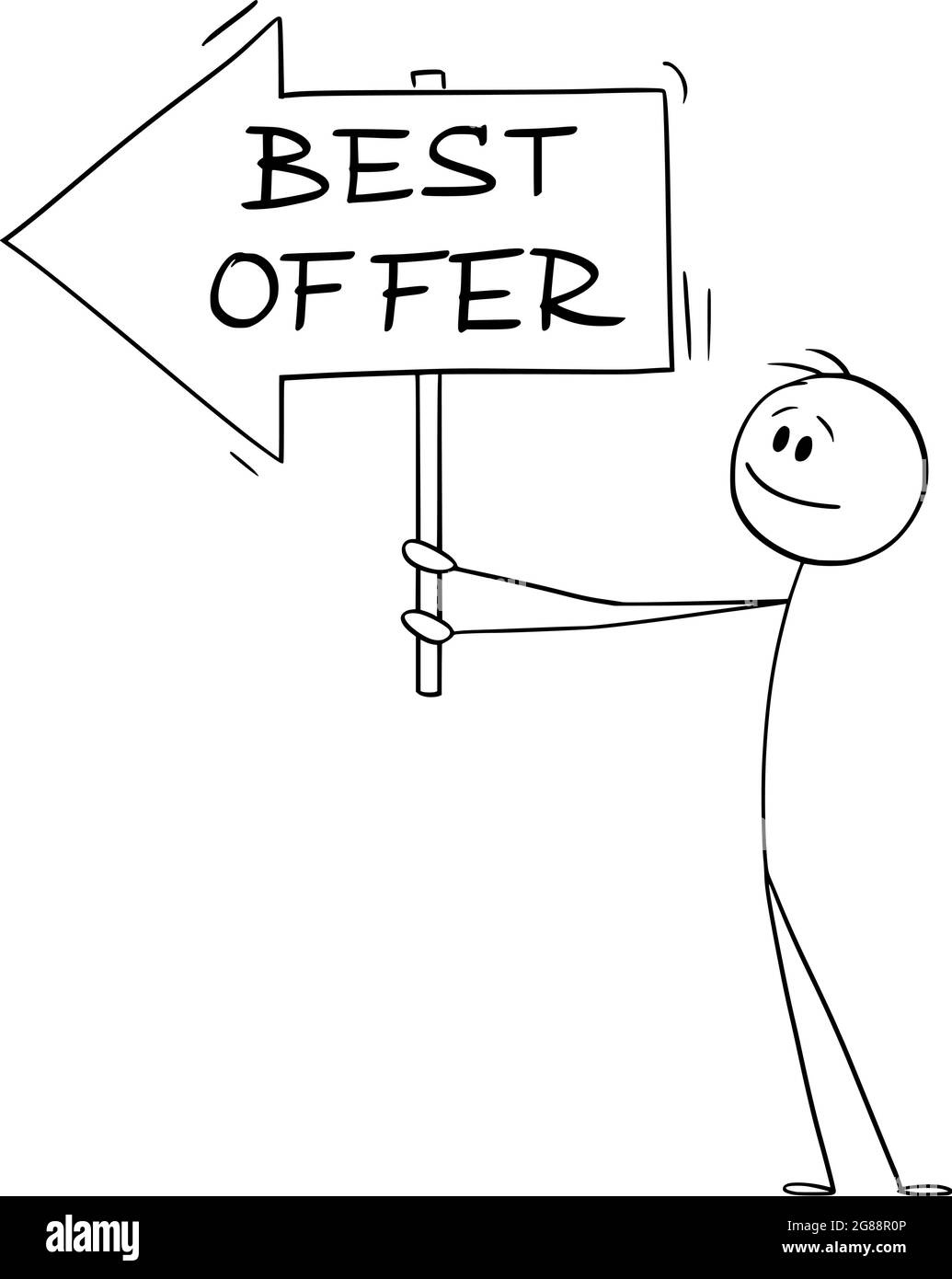 Person oder Geschäftsmann, der Best Offer Arrow Sign hält und auf etwas zeigt, Vektor-Cartoon-Stick-Abbildung Stock Vektor